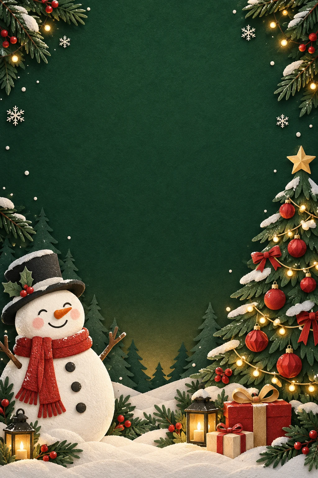 A cheerful snowman beside a Christmas tree with golden lights